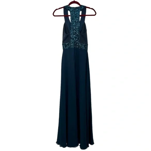 Dress The Population Delani Blue Sequin Trim Gown Maxi Cocktail Dress Women XS - Picture 9 of 13